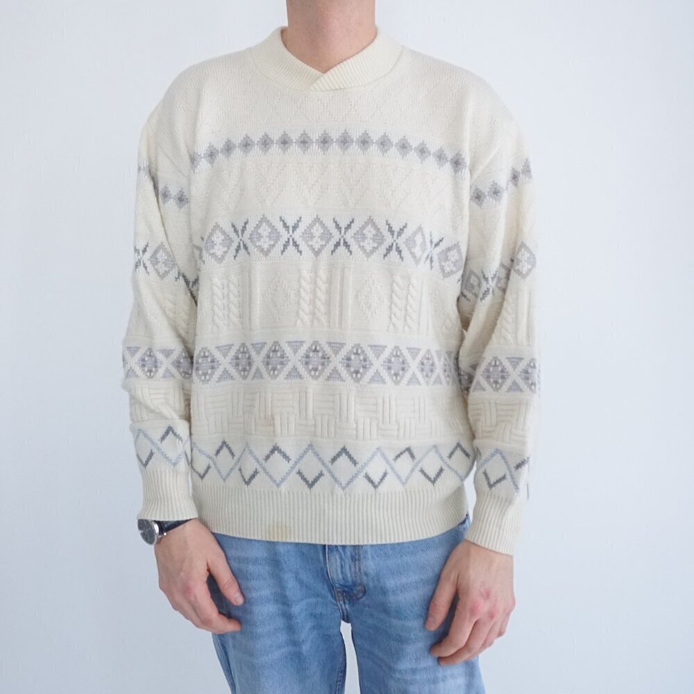Vtg '90S Marks And Spencer Cream Gray 3D Eclectic Grandpa Crewneck Sweater M